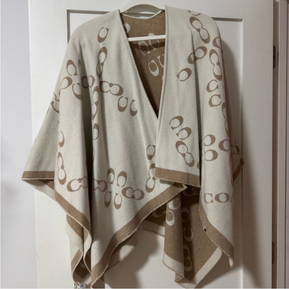 Coach Cream and Tan Patterned Poncho